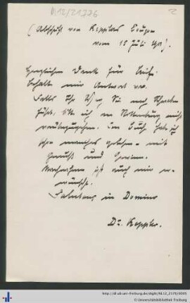 Abschrift eines Briefes von Keppler vom 15.07.1901.