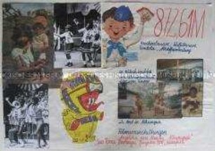 Handgeschriebene Wandzeitung mit aufgeklebten Fotos und Zeichnungen zu einer Solidaritätsspende für Nikaragua