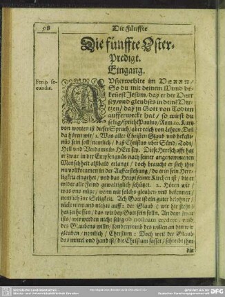 Die fünffte Oster-Predigt : Eingang. [Textus]. Erklerung.. Vom Ersten. Vom Andern