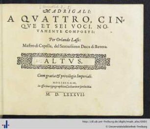 Altus: Madrigali: a quattro, cinque et sei voci, novamente composti