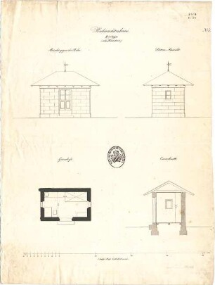 Neureuther, Gottfried von; Bahnwärterhaus - Grundriss, Ansichten, Querschnitt
