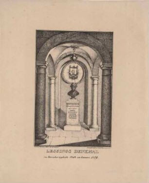 Denkmal mit Büste und Stele für Gotthold Emphraim Lessing im ab 1826 vom Arzt Johann Gottfried Bönisch betriebenen Barmherzigkeitsstift in Kamenz in der Lausitz