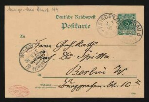 Postkarte an Philipp Spitta : 02.03.1892