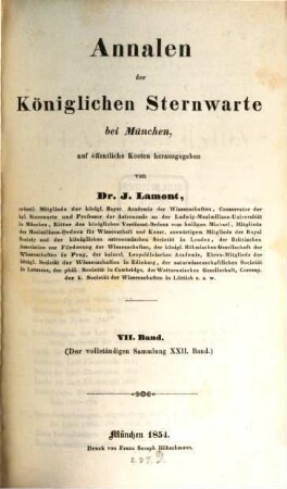 Annalen der Königlichen Sternwarte bei München. 7 = 22 d. Gesamtw. 1854