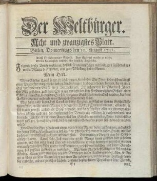 Acht und zwanzigstes Blatt. Berlin, Donnerstags den 10. August 1741.