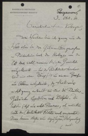 Nr. 11: Brief von Alexander Conze an Ulrich von Wilamowitz-Moellendorff, Pergamon, 3.10.1910