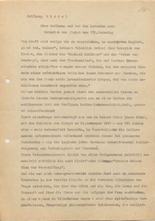 [W195]: Aber Hoffnung muß bei den Lebenden sein : Heinrich von Kleist zum 175. Todestag