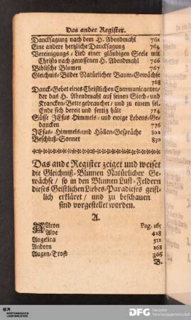 Register der Gleichniß-Blumen Natürlicher Gewächse in alphabetischer Ordnung.