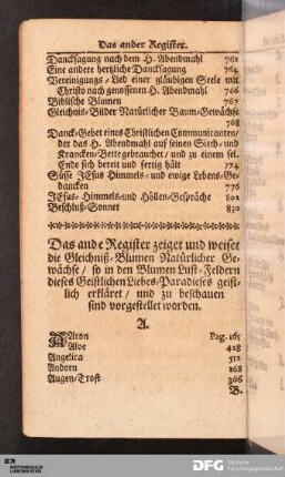Register der Gleichniß-Blumen Natürlicher Gewächse in alphabetischer Ordnung.