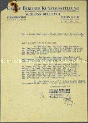 Schreiben des Kartells der Vereinigten Verbände Bildender Künstler Berlins an den Maler Oskar Nerlinger zur Großen Berliner Kunstausstellung 1931 - Sachkonvolut