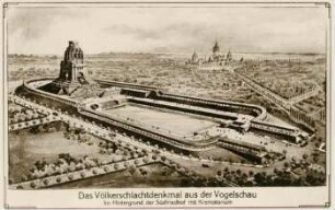 Das Völkerschlachtdenkmal aus der Vogelschau: Im Hintergrund der Südfriedhof mit Krematorium