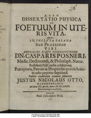 Dissertatio Physica De Foetuum In Uteris Vita