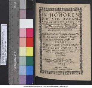Syncharmata. In Honorem Pietate, Hvmanitate Et Ervdita Doctrina Ornatissimi viri-juvenis Dn. Martini Oblickii Naumburgensis, cum ei in inclyta VVitebergensium Academia, insignia Magisterij solenniter conferebantur. A ... Decano, Dn. M. Lavrentio Fabritio Dantiscano ... Rectore ... Dn. Iohanne Iessenio à Iessen ...: Scripta ab Amicis