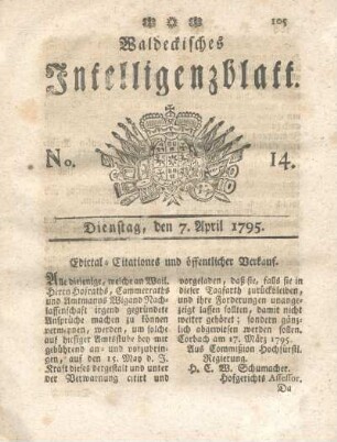 No. 14, Dienstag, den 7. April 1795