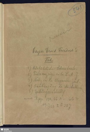 66r-66v. C. D. Friedrichs Tod: Lebensbeschr., Todesanzeige, Notiz, Danksagung ...