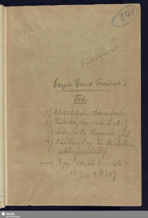 66r-66v. C. D. Friedrichs Tod: Lebensbeschr., Todesanzeige, Notiz, Danksagung ...