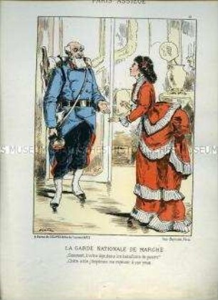 Karikatur, alter Mann in Uniform der National-Garde verabschiedet sich von erstaunter Frau, Frankreich 1870. Tafel 12 aus: Paris assiégé. Scènes de la vie parisienne pendant le siège.