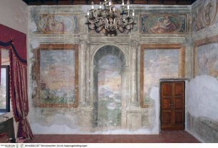 Illusionistische Architektur mit Landschaftsausblicken und Fries mit Personifikationen der Vier Jahreszeiten und Putten mit Wappen der Mitglieder der Familie Cesi