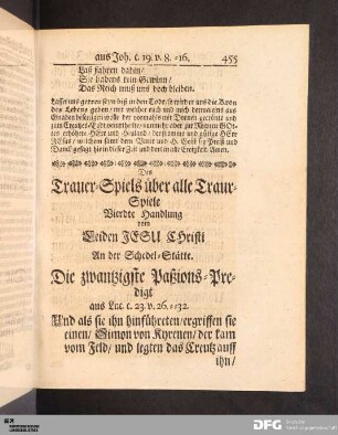 Die zwantzigste Paßions-Predigt aus Luc. c. 23 v. 26-32. Der zur Creutzigung ausgefuehrte Jesus