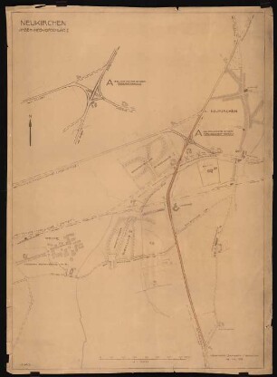 Verkehrs- und Siedlungsplanung der Erweiterung der Städte Neukirchen und Vluyn: Umgehungsstraße Neukirchen, Vorschlag I: Grundplan 1:2500, Maßstabsleiste