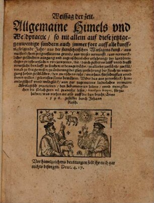 Weissagung der Zeit : Allgemeine Himmels- und Weldpraktik