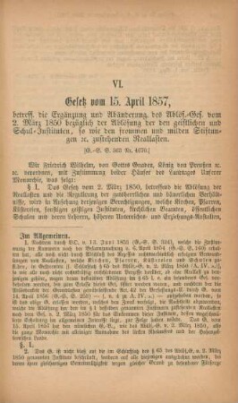 VI. Gesetz vom 15. April 1857