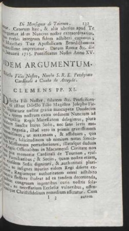 Idem Argumentum. Dilecto Filio Nostro, Nunho S. R. E. Presbytero Cardinali a Cunha de Attayde. Clemens PP. XI.