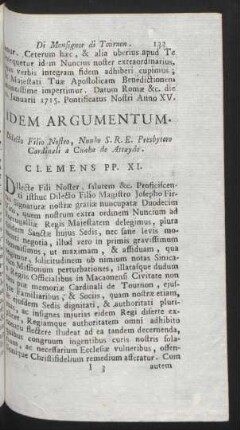 Idem Argumentum. Dilecto Filio Nostro, Nunho S. R. E. Presbytero Cardinali a Cunha de Attayde. Clemens PP. XI.