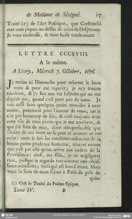 Lettre CCCXVIII. A la même. A Livry, Mécredi 7. Octobre, 1676