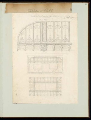 Decke eines Bildersaales Monatskonkurrenz Dezember 1867: Deckenuntersicht, Seitenansicht (teilweise), Seitenansicht mit Wand; Maßstabsleiste