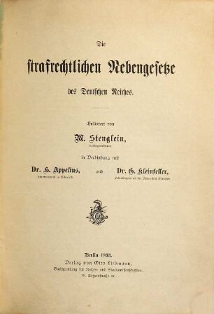 Die strafrechtlichen Nebengesetze des Deutschen Reiches