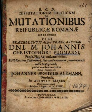 Disputationem Politicam De Mutationibus Reipublicae Romanae