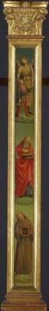Bemalter Pilaster: Der Erzengel Raphael mit Tobias, der heilige Hieronymus und der heilige Bernhardin von Siena