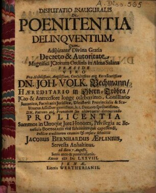 Disputatio inauguralis de poenitentia delinquentium