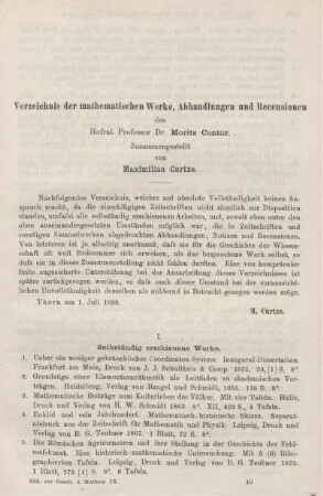 Verzeichnis der Mathematischen Werke, Abhandlungen und Recensionen.