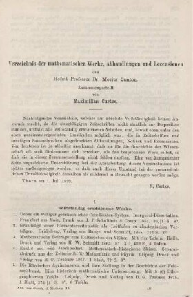 Verzeichnis der Mathematischen Werke, Abhandlungen und Recensionen.