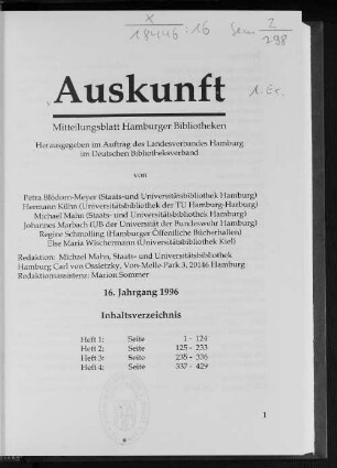 16.1996: Auskunft : Zeitschrift für Bibliothek, Archiv und Information in Norddeutschland