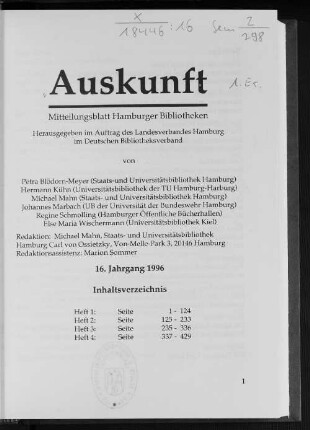 16.1996: Auskunft : Zeitschrift für Bibliothek, Archiv und Information in Norddeutschland