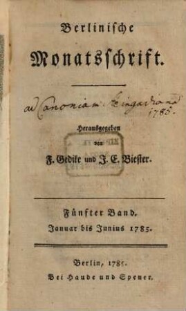 Berlinische Monatsschrift. 5, 5. 1785