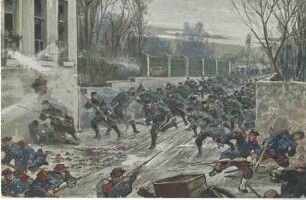 Die 1. Kompanie des kgl. württ. 2. Jäger-Bataillon stürmt am 2. Dez. 1870 eine franz. Barrikade in Strasse von Champigny, fliehende franz. Truppen