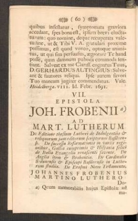 VII. - JO. FROBENII Epiftola ad Martinum Lutherum.