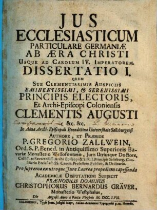 Ius ecclesiasticum particulare Germaniae ab aera Christi usque ad Carolum IV.