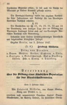 Verordnung über die Bildung einer ständischen Deputation für das Staatsschuldenwesen. Vom 3. Februar 1847.
