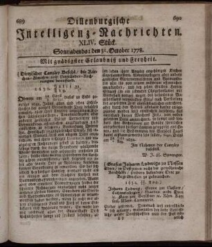 XLIV. Stück. Sonnabends: den 31. October 1778.