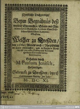 Christliche Leichpredigt beym Begräbnis Balthasar Leichers