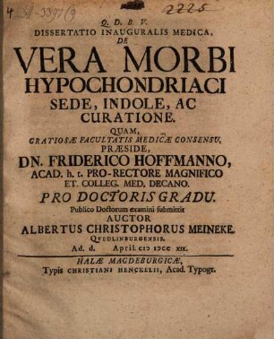 Diss. ... de vera morbi hypochondriaci sede, indole ac curatione