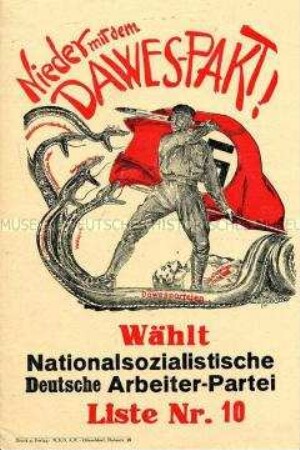 Illustriertes Propagandaflugblatt der NSDAP zur Reichstagswahl 1928 mit einer Karikatur gegen den Dawes-Plan