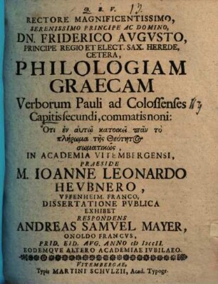 Philologia Graeca verborum Pauli ad Coloss. cap. II. comm. 9