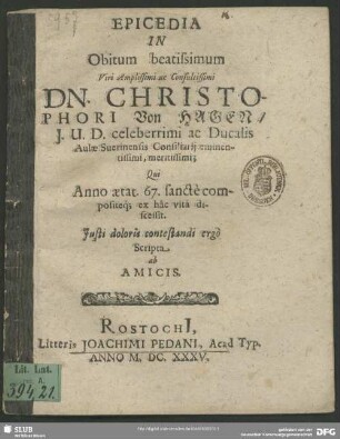 Epicedia In Obitum beatissimum... Christophori von Hagen ...