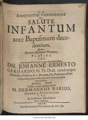 Disquisitio Theologica De Salute Infantum ante Baptismum decedentium
